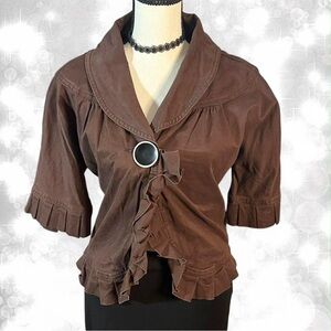 Western Style Ruffled Corduroy Bolero Jacket With Button Closure.